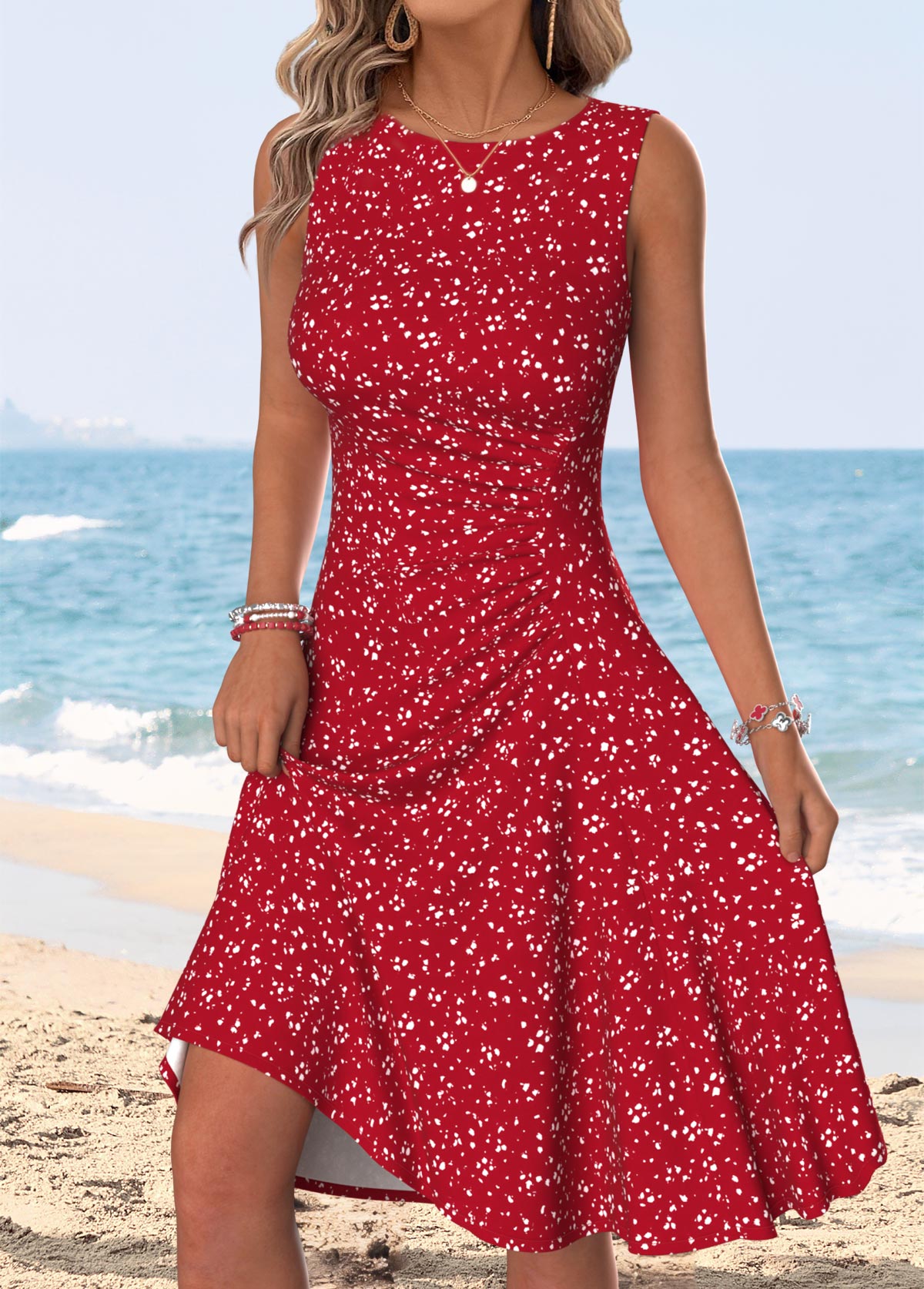 Modlily Red Polka Dot Shirred Sleeveless Round Neck Dress - L