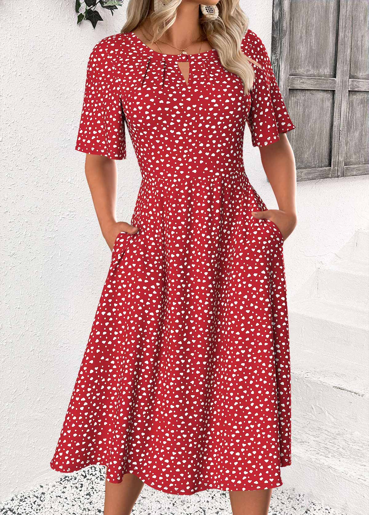 Modlily Red Polka Dot Short Sleeve Round Neck Dress - L
