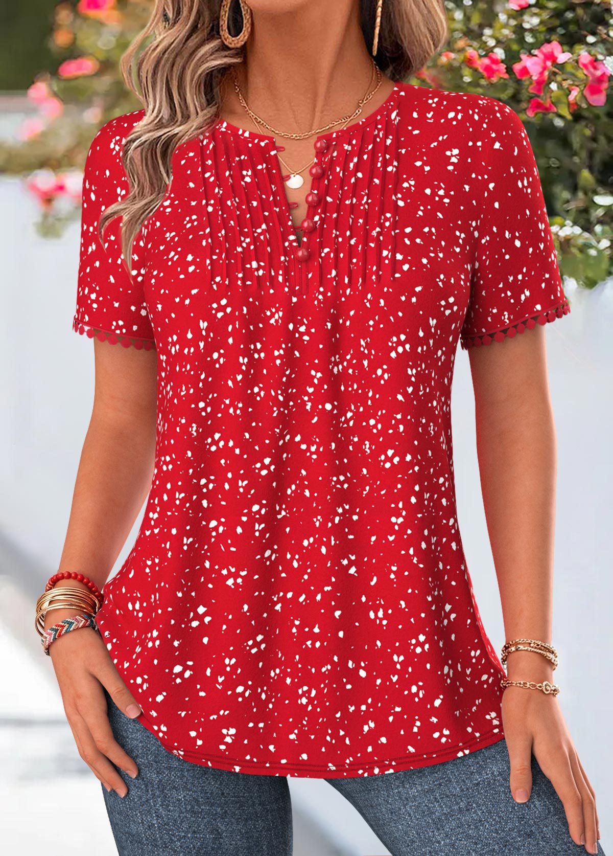 Modlily Red Polka Dot Tuck Stitch Short Sleeve Blouse - S