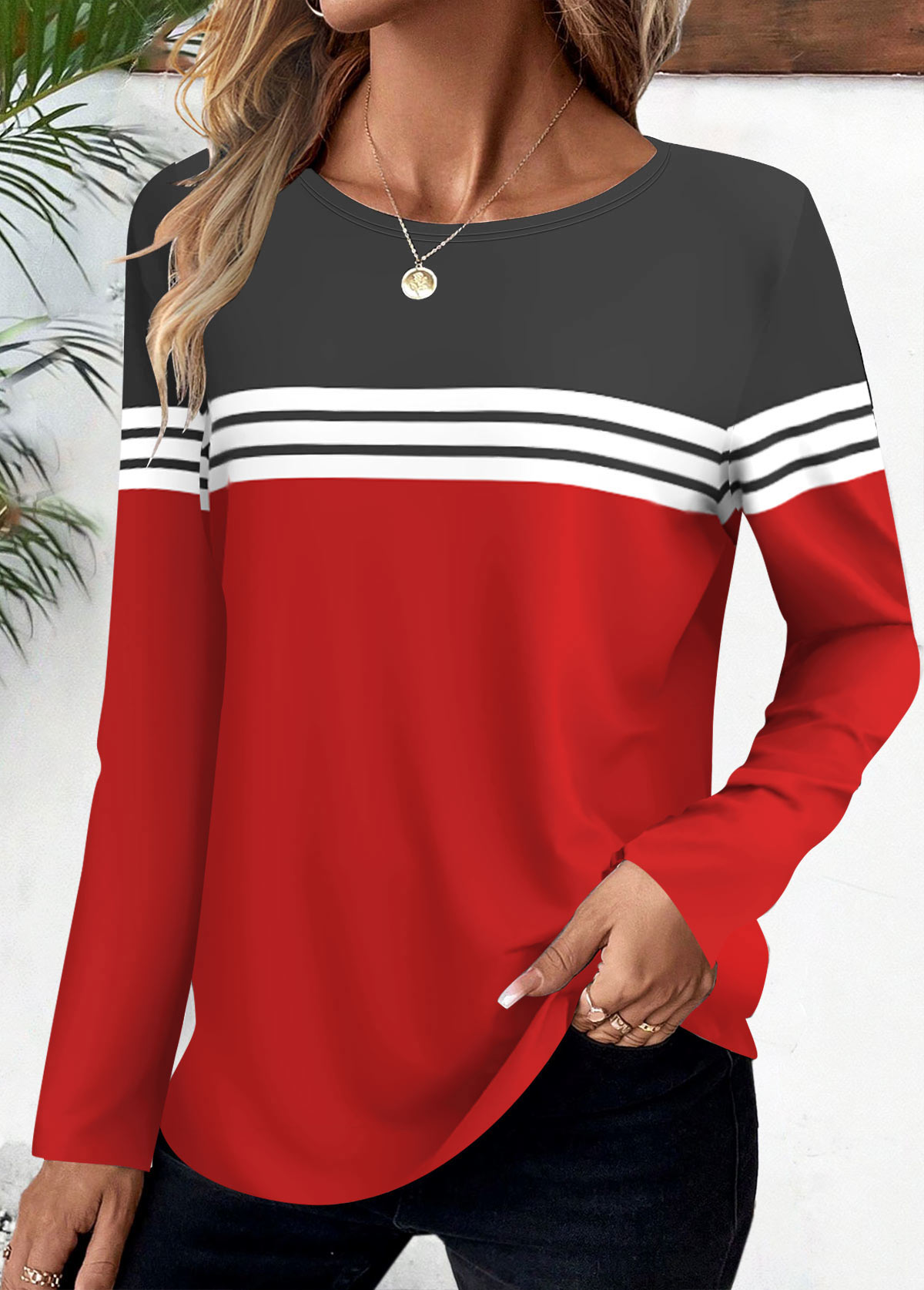 Modlily Red Striped Long Sleeve Round Neck T Shirt - L