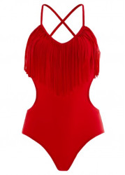 Modlily Red Tassel Spaghetti Strap One Piece Swimwear - XL
