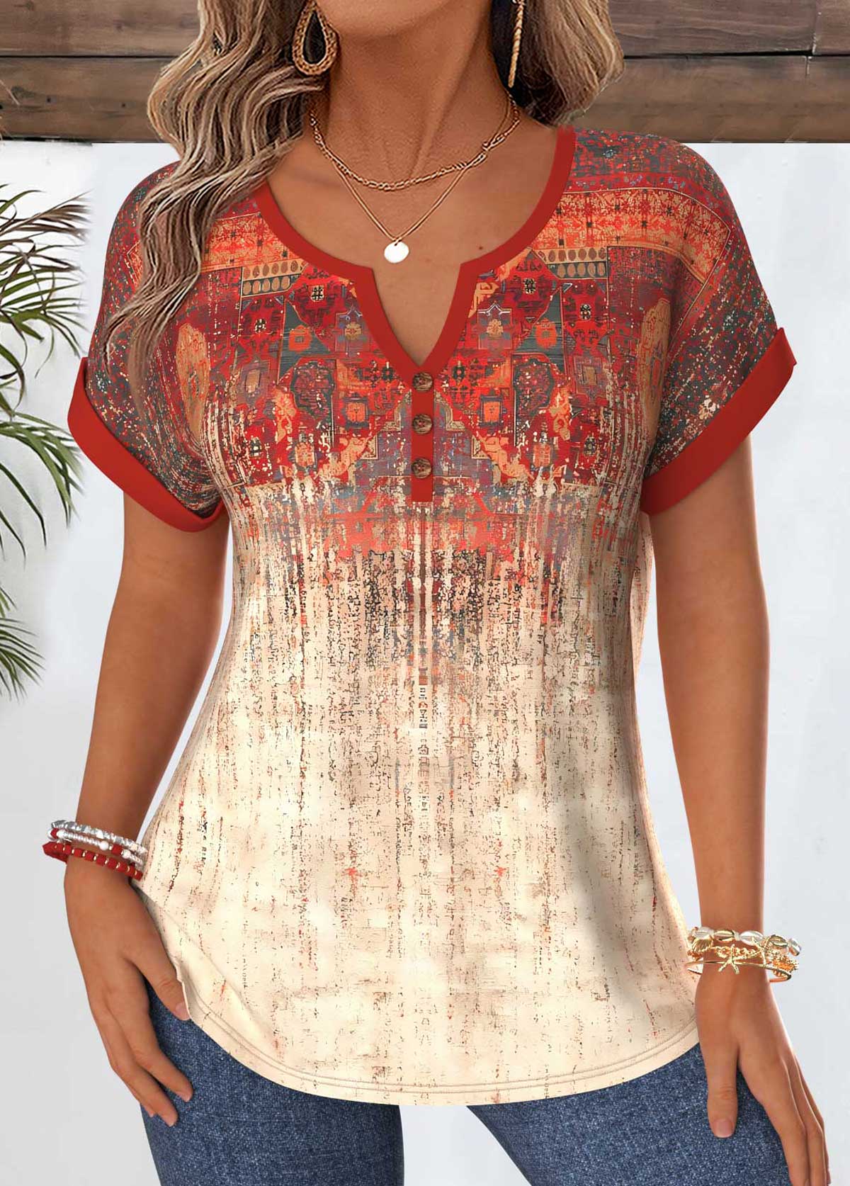 Modlily Red Tribal Print Tummy Coverage Short Sleeve Blouse - S