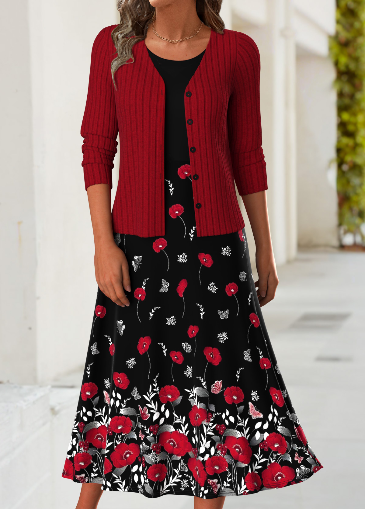 Modlily Red Tummy Coverage Floral Print Dress and Cardigan - S