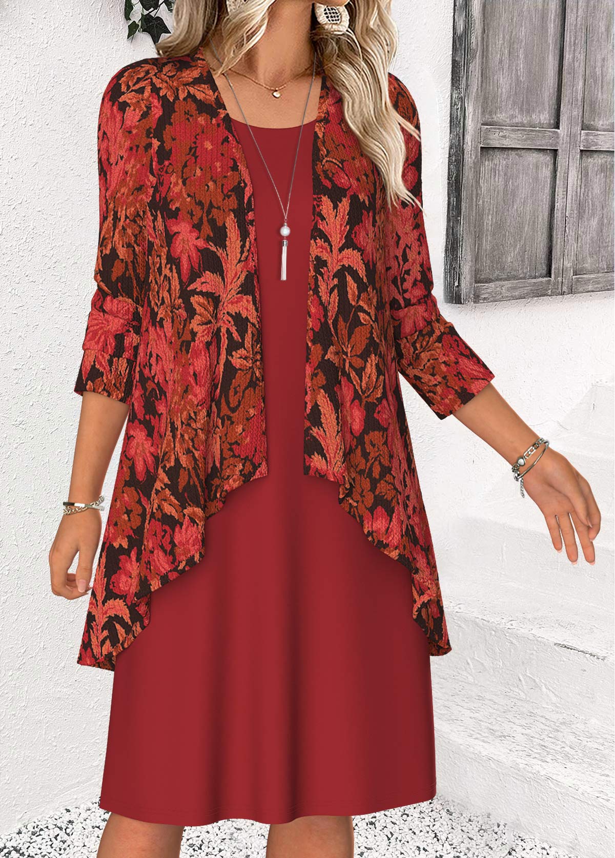 Modlily Red Tummy Coverage Leaf Print Dress and Cardigan - L