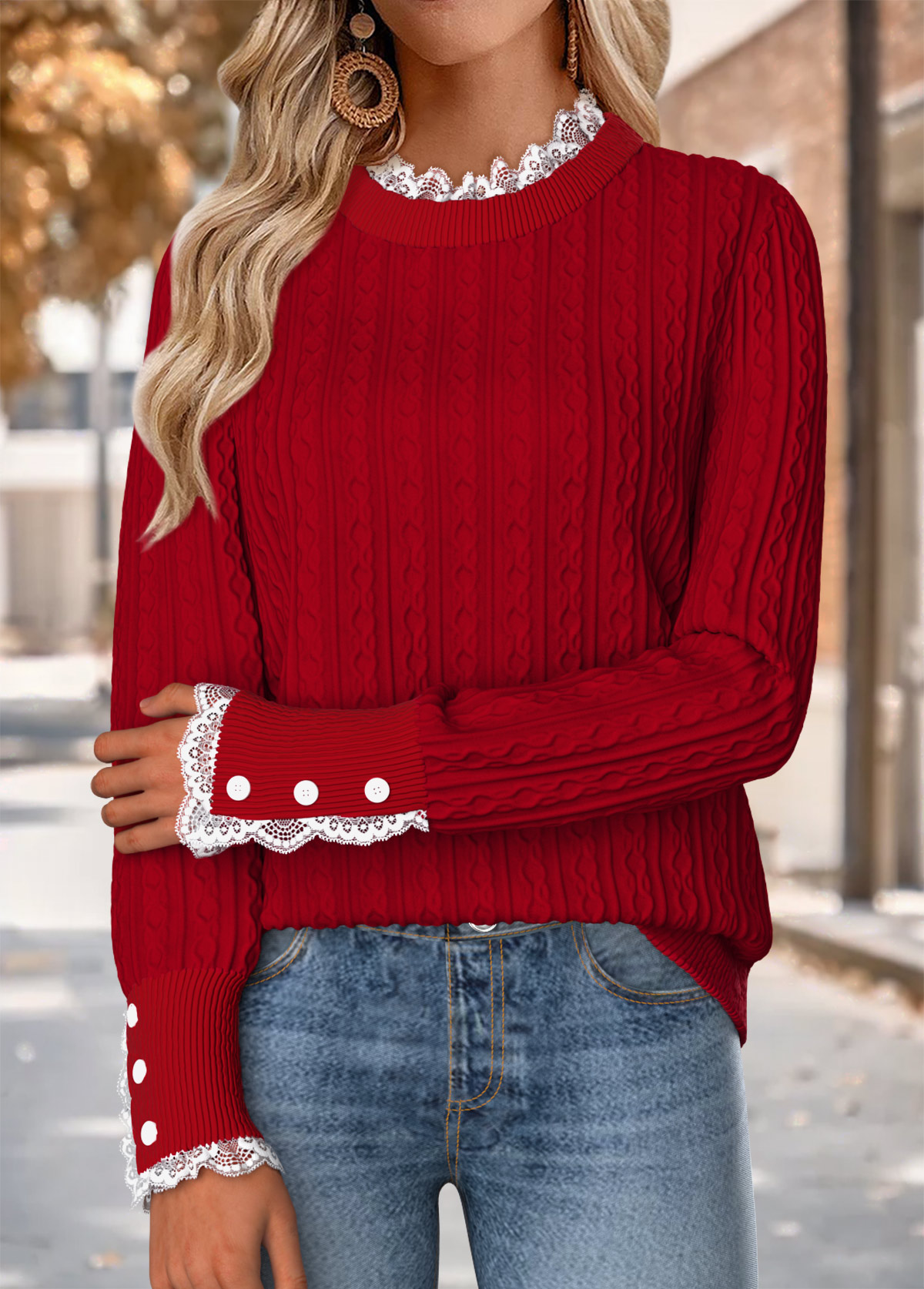 Modlily Red Tummy Coverage Long Sleeve Round Neck Sweater - S