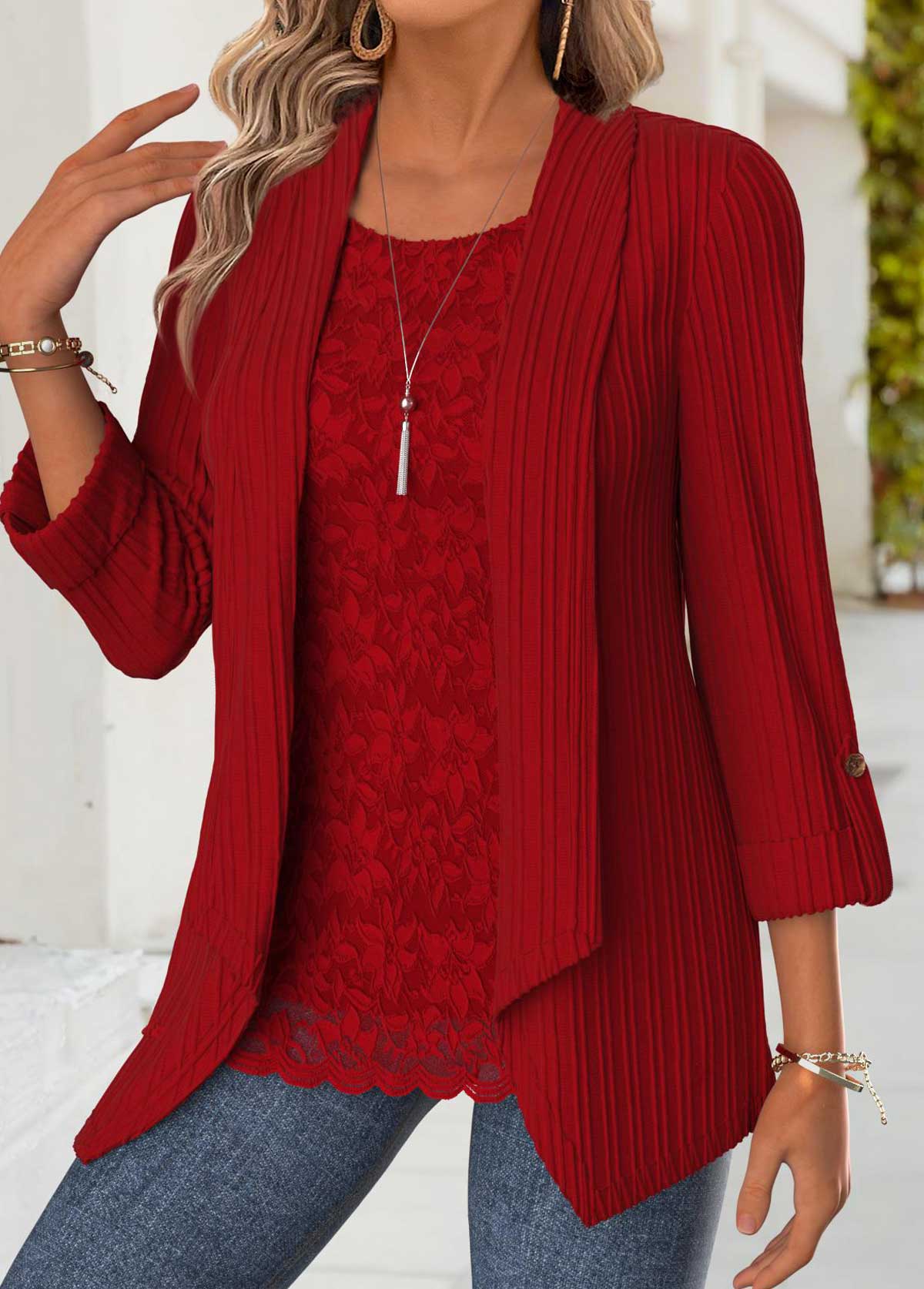 Modlily Red Tummy Coverage Long Sleeve Square Neck Blouse - S