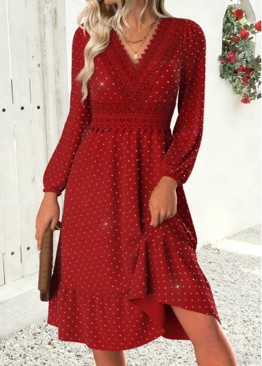 Modlily Red Tummy Coverage Long Sleeve V Neck Dress - M