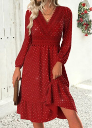 Modlily Red Tummy Coverage Long Sleeve V Neck Dress - M