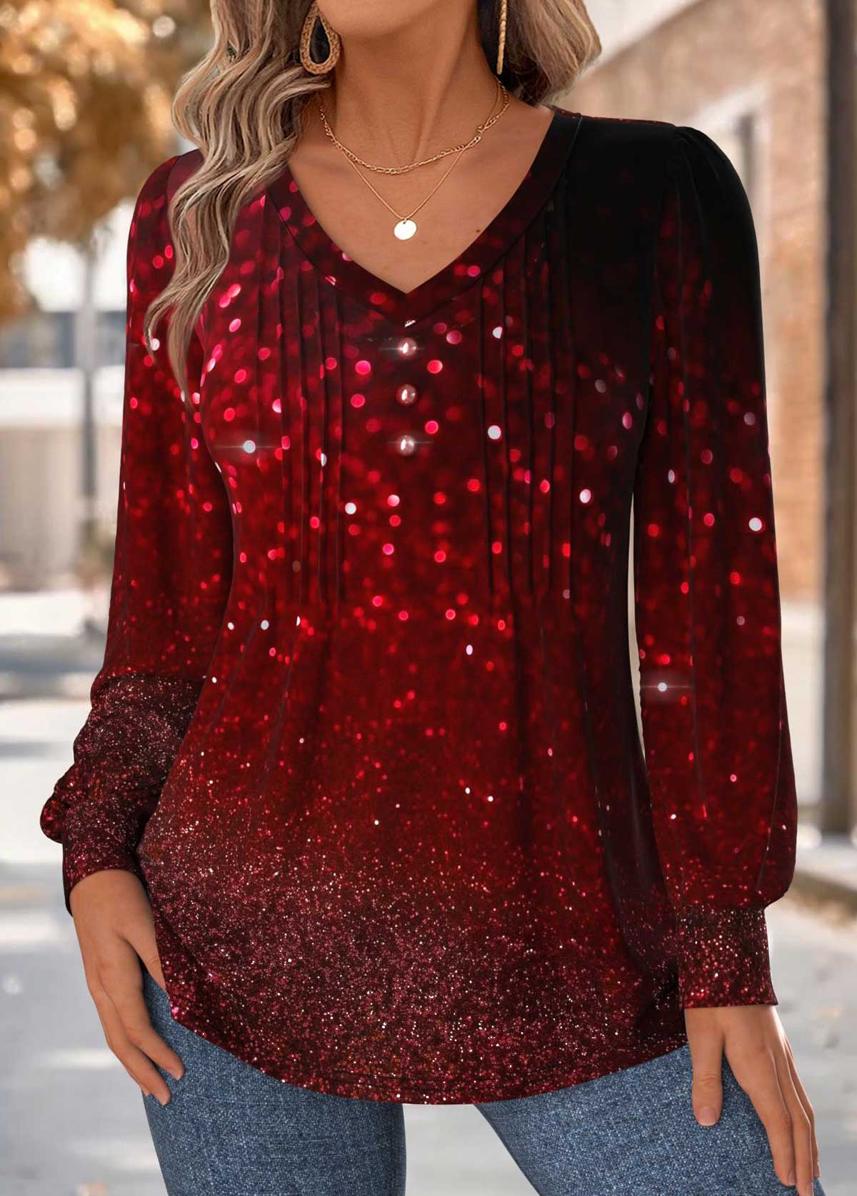 Modlily Red Tummy Coverage Ombre Long Sleeve T Shirt - S