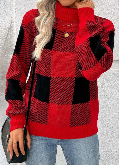 Modlily Red Tummy Coverage Plaid Long Sleeve High Neck Sweater - S