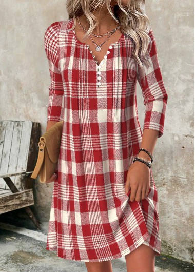 Modlily Red Tummy Coverage Plaid Short Long Sleeve Dress - S