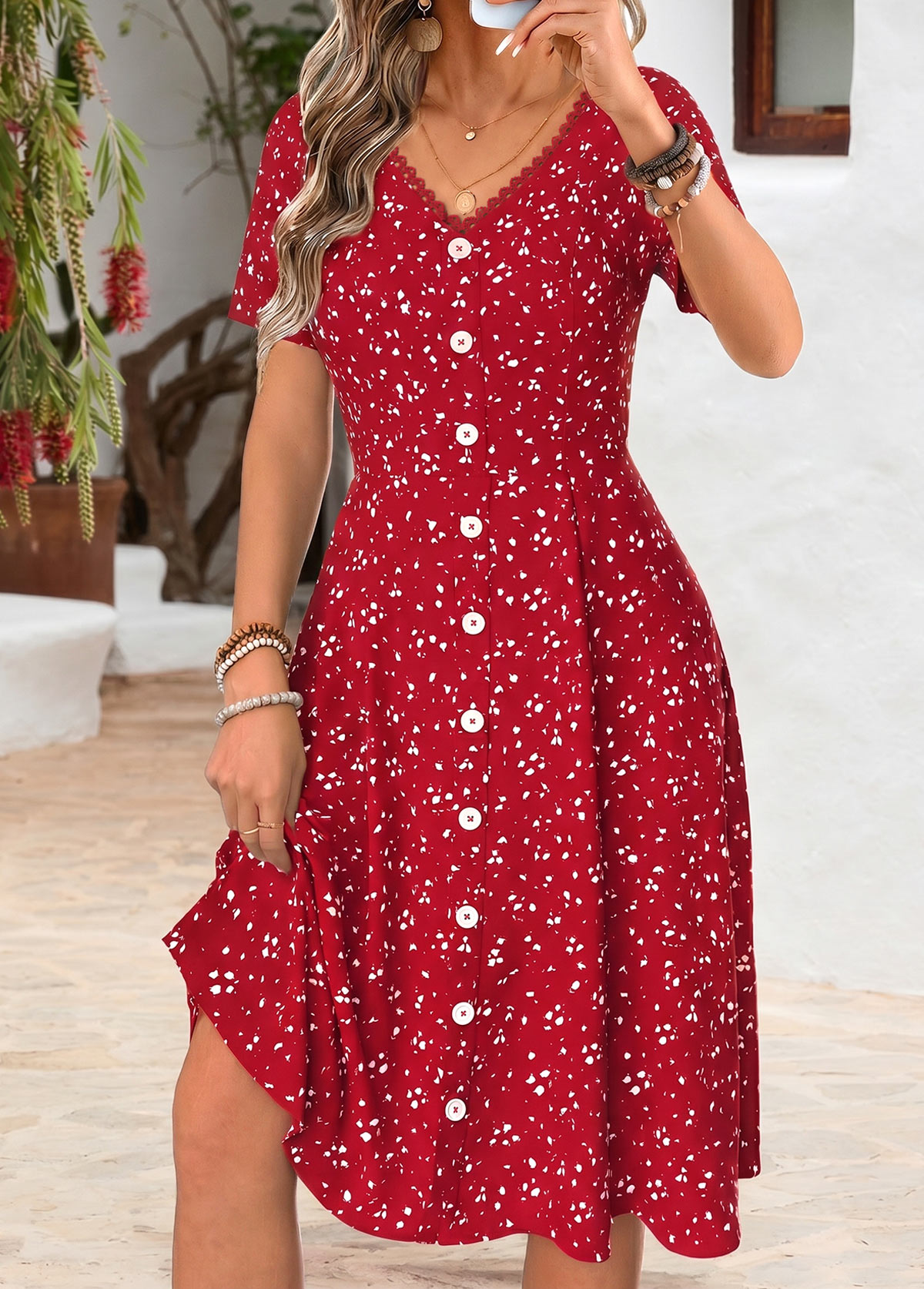 Modlily Red Tummy Coverage Short Sleeve V Neck Dress - M