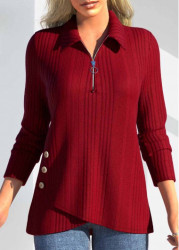 Modlily Red Zipper Long Sleeve Polo Collar T Shirt - M