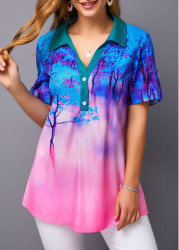 Modlily Roll Tab Sleeve Printed Color Block Blouse - M