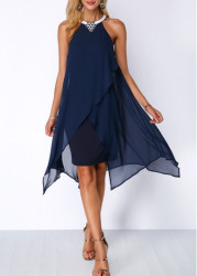 Modlily Royal Blue Embellished Neck Sleeveless Layered Handkerchief Asymmetrical Hem Chiffon Party Dress - S
