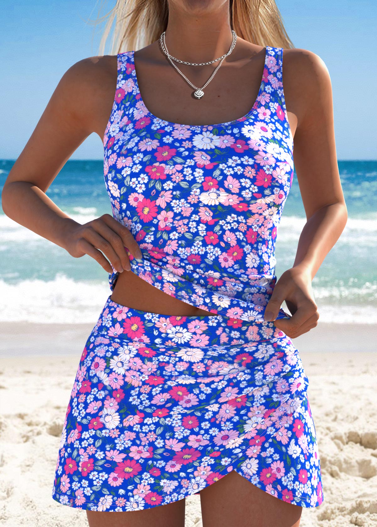 Modlily Royal Blue Mid Waisted Tummy Coverage Tankini Set - M