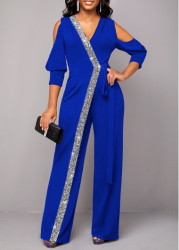 Modlily Royal Blue V Neck Sequin Jumpsuit - XL