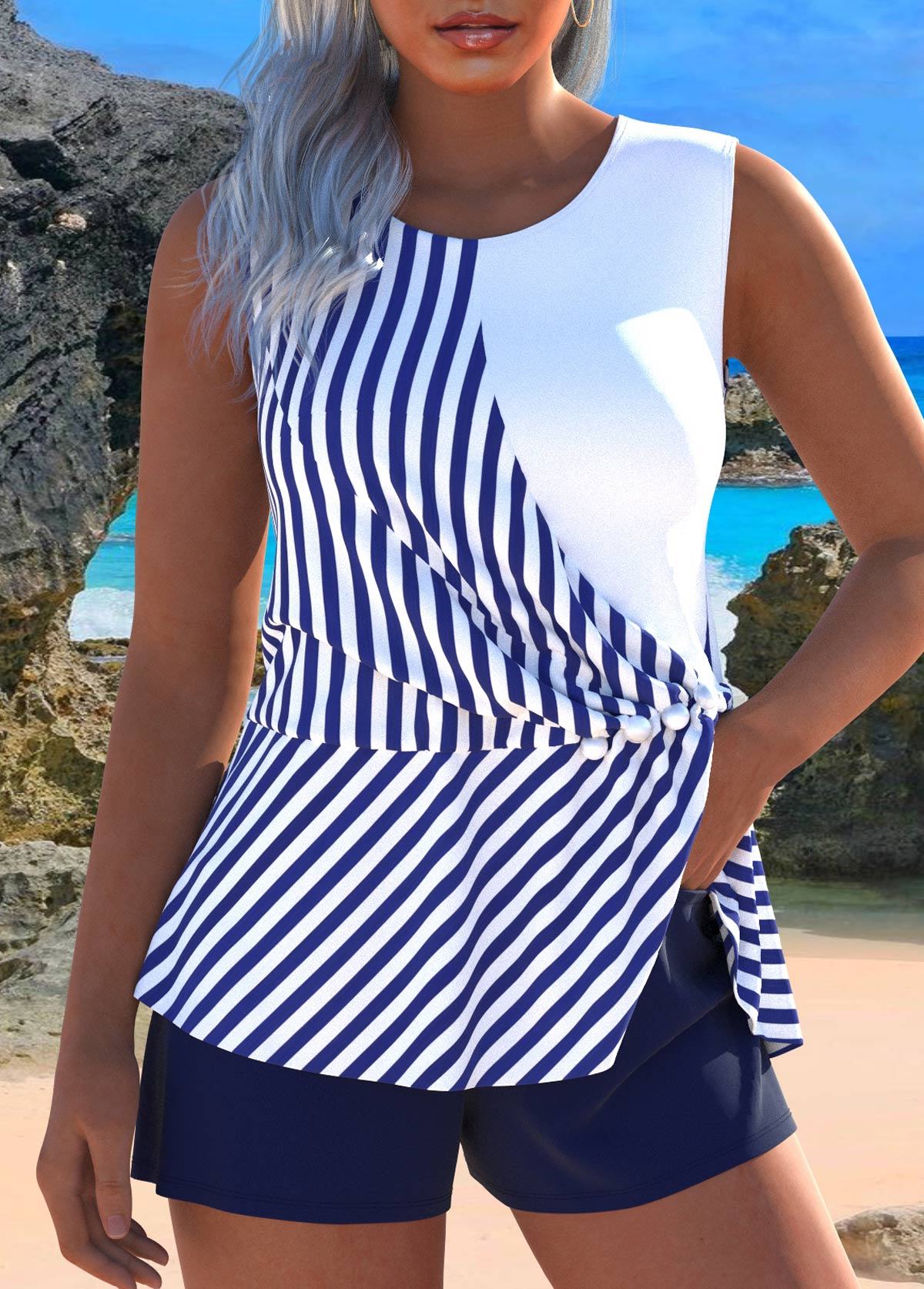 Modlily Ruched Button Striped Navy Tankini Set - S