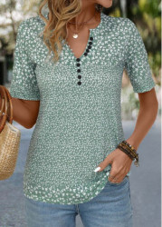Modlily Sage Green Button Ditsy Floral Print T Shirt - M