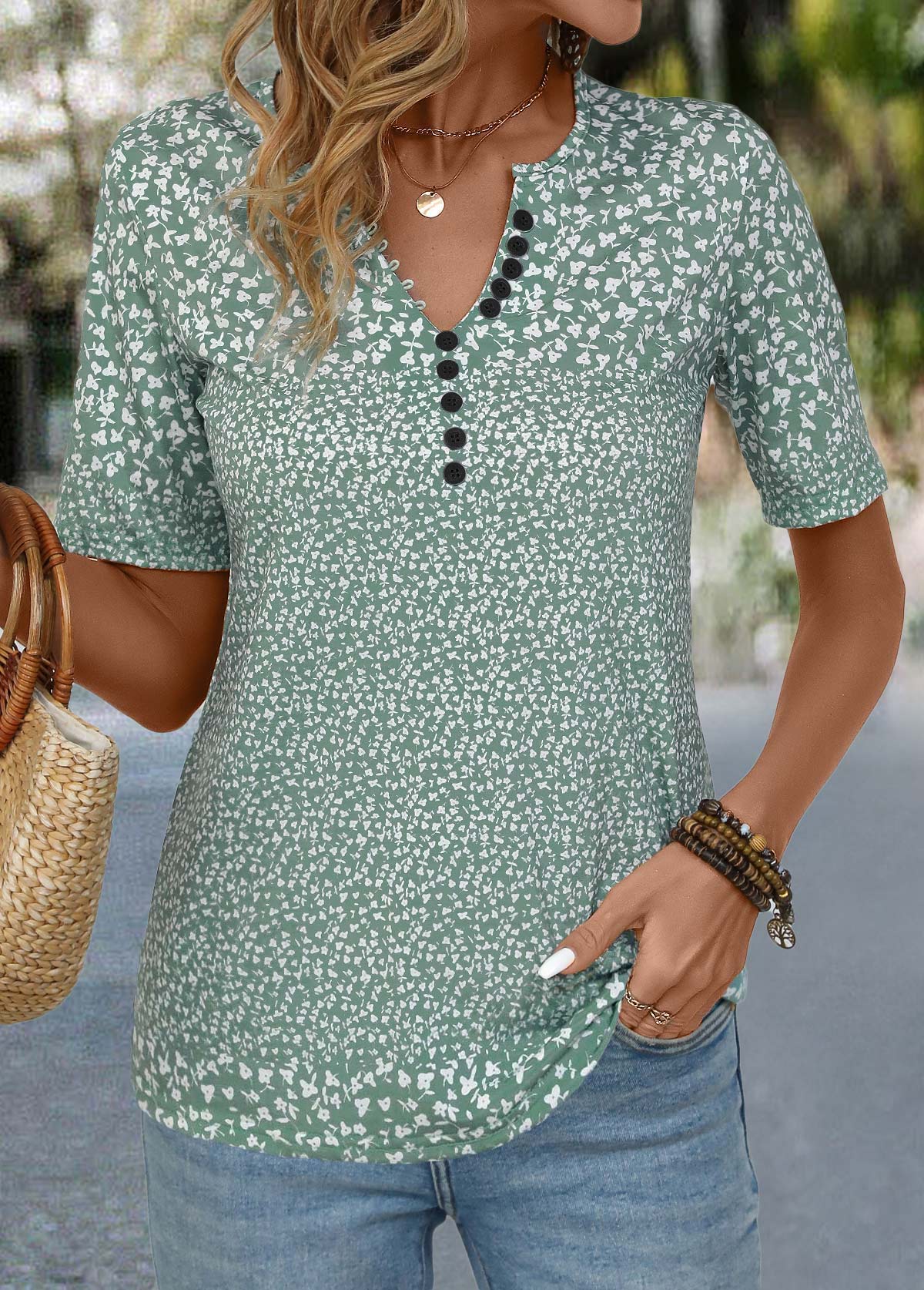 Modlily Sage Green Button Ditsy Floral Print T Shirt - 2XL