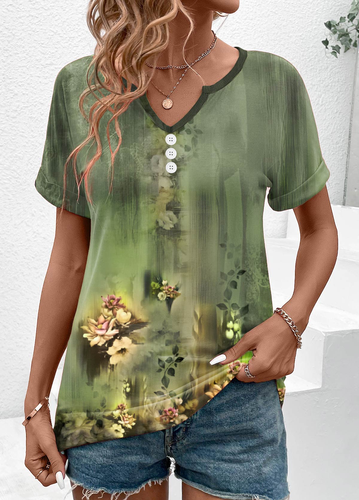 Modlily Sage Green Button Floral Print Short Sleeve T Shirt - S
