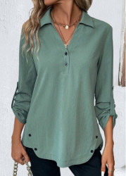 Modlily Sage Green Button Long Sleeve Shirt Collar Blouse - S