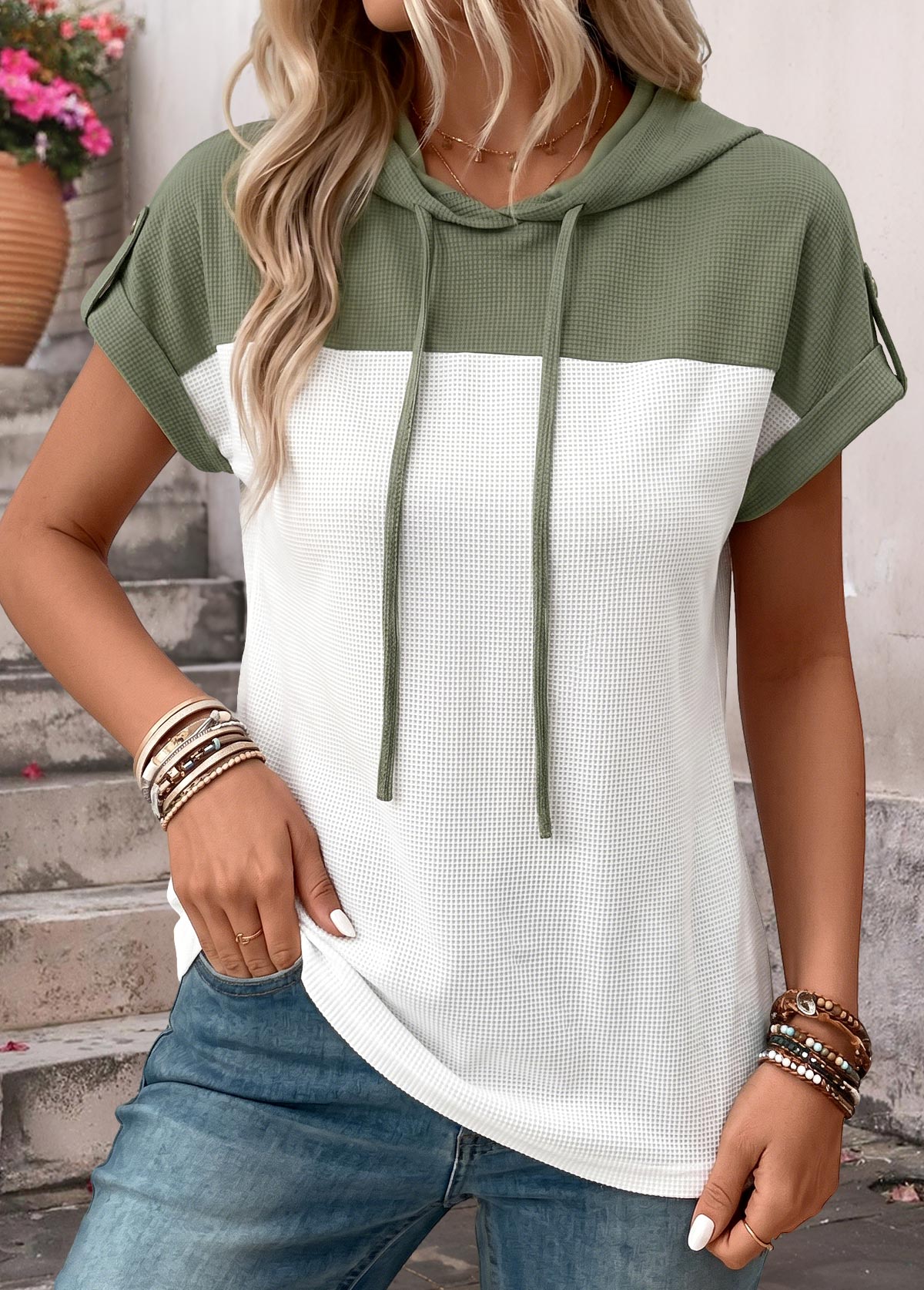 Modlily Sage Green Curved Hem Short Sleeve Hooded T Shirt - L