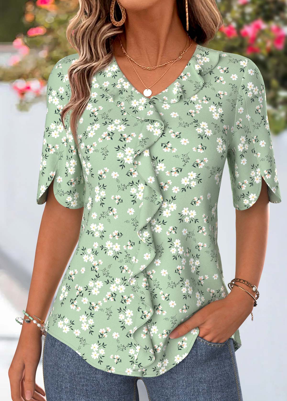 Modlily Sage Green Ditsy Floral Print Curved Hem Blouse - S