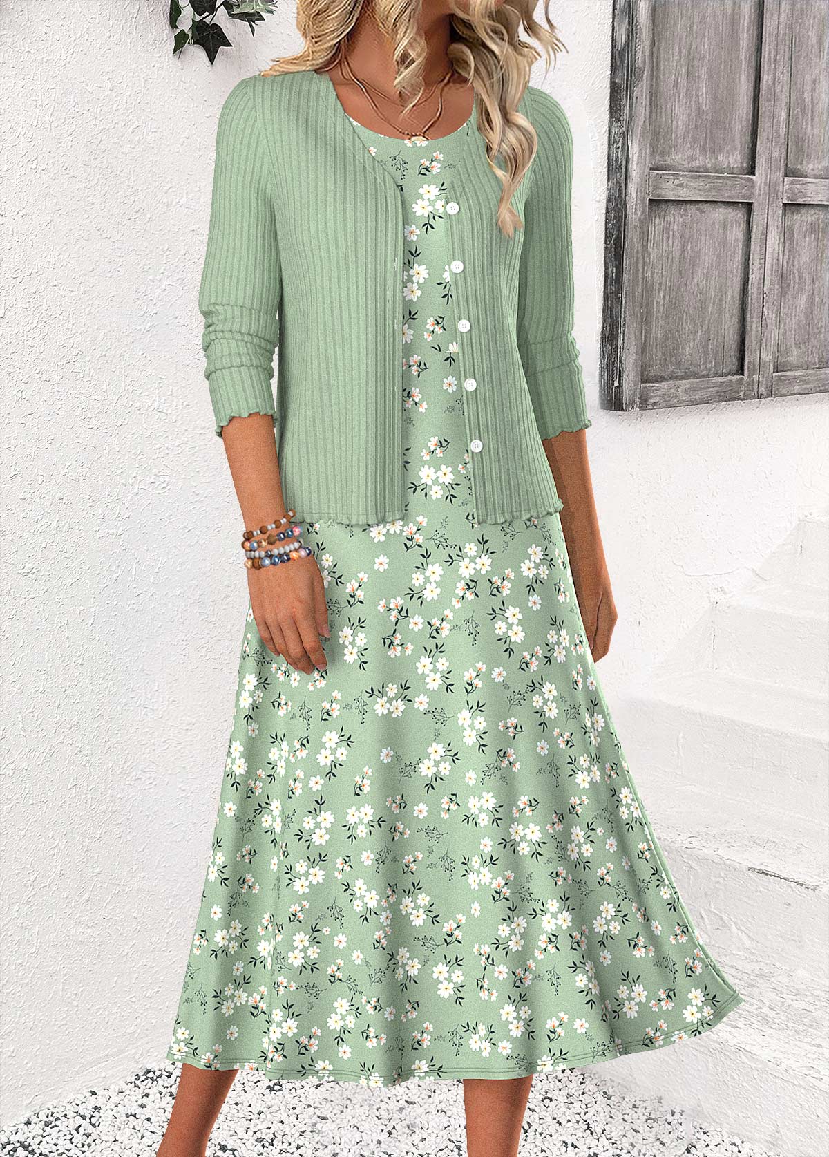 Modlily Sage Green Ditsy Floral Print Dress and Cardigan - S