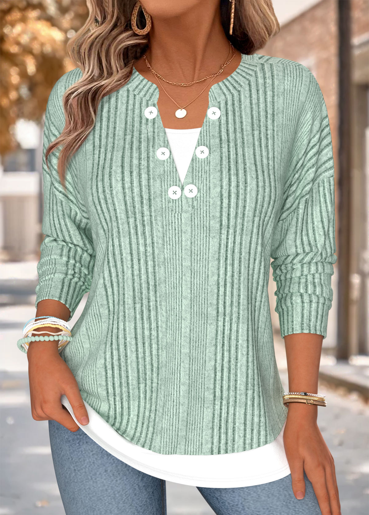 Modlily Sage Green Fake 2in1 Long Sleeve T Shirt - M