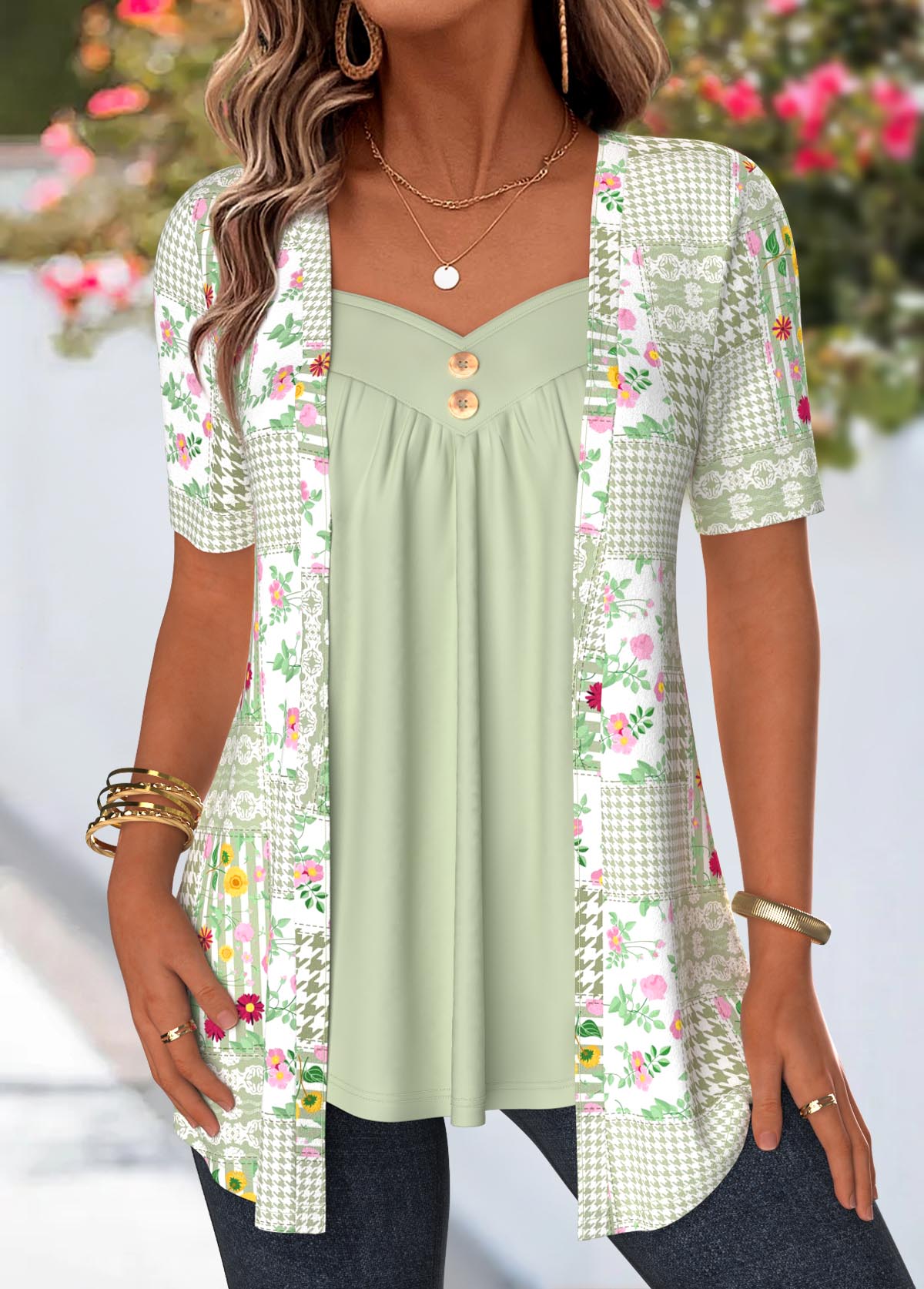 Modlily Sage Green Floral Print Fake Two Piece Twinset - M