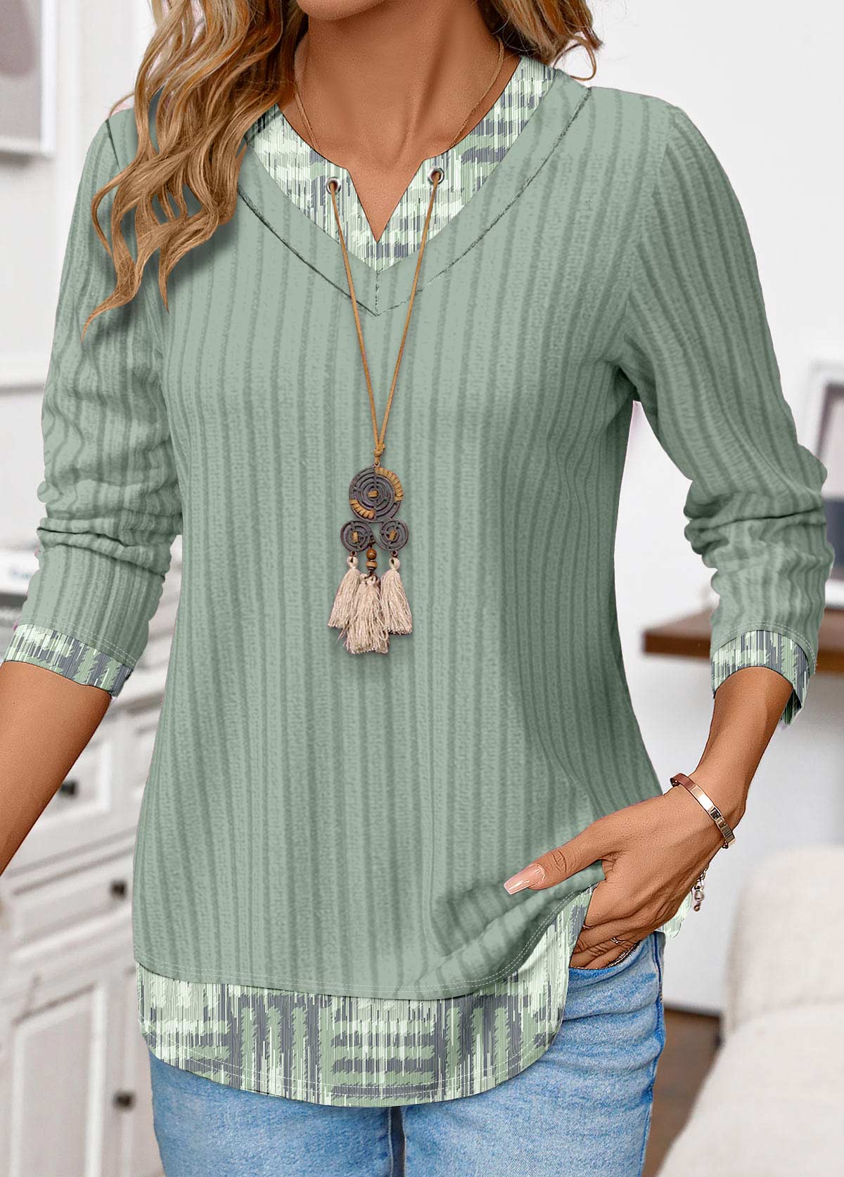 Modlily Sage Green Geometric Fake Two Piece Split Neck Twinset - XL