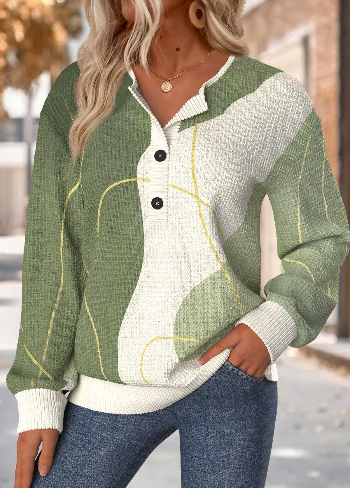 Modlily Sage Green Geometric Print Long Sleeve Round Neck Sweatshirt - XL