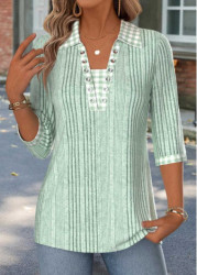 Modlily Sage Green Gingham Print 3/4 Sleeve T Shirt - S