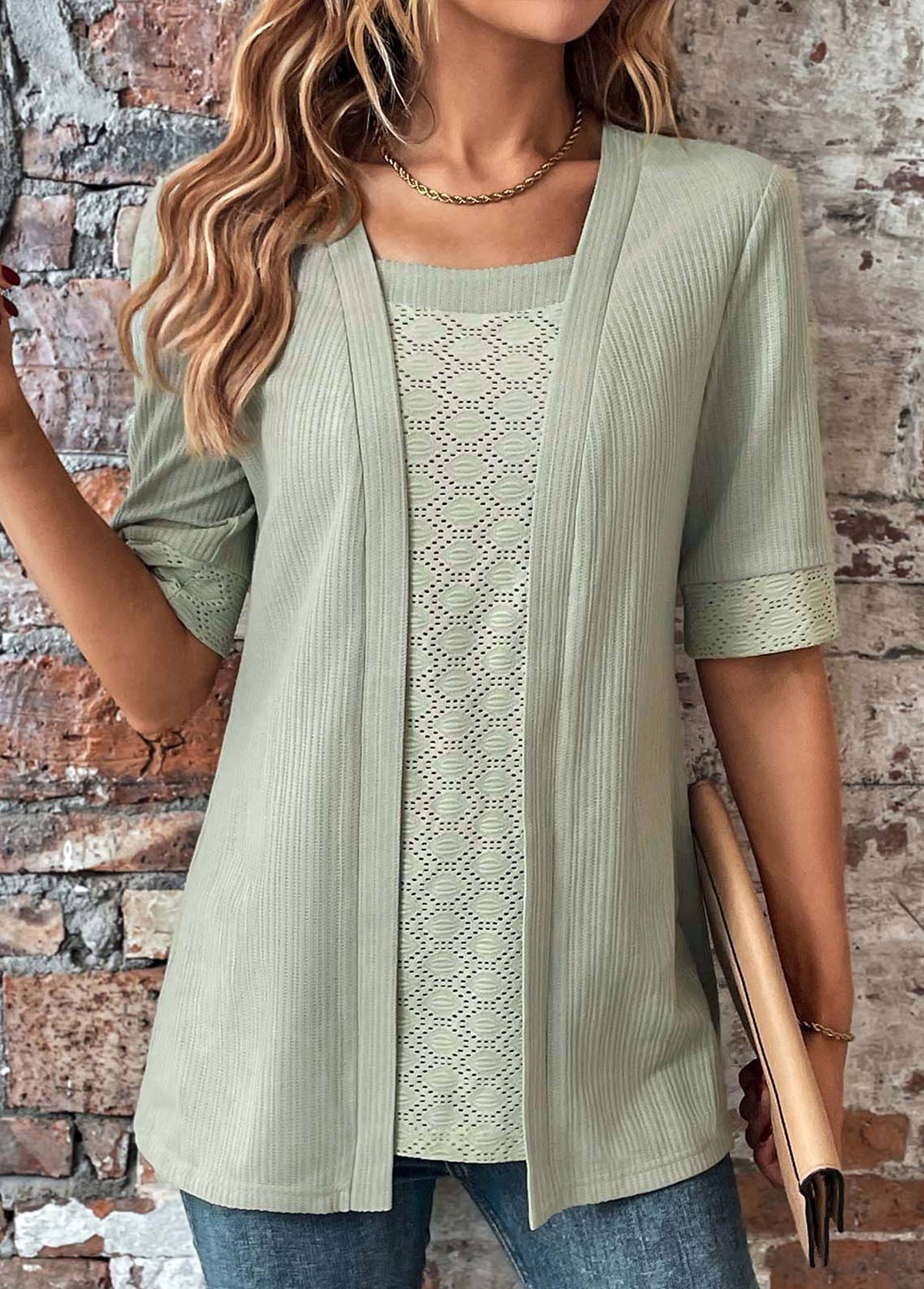 Modlily Sage Green Half Sleeve Fake Two Piece Twinset - S