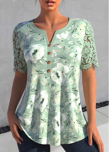 Modlily Sage Green Lace Floral Print Short Sleeve Blouse - S