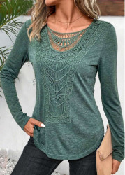 Modlily Sage Green Lace Long Sleeve Round Neck T Shirt - L