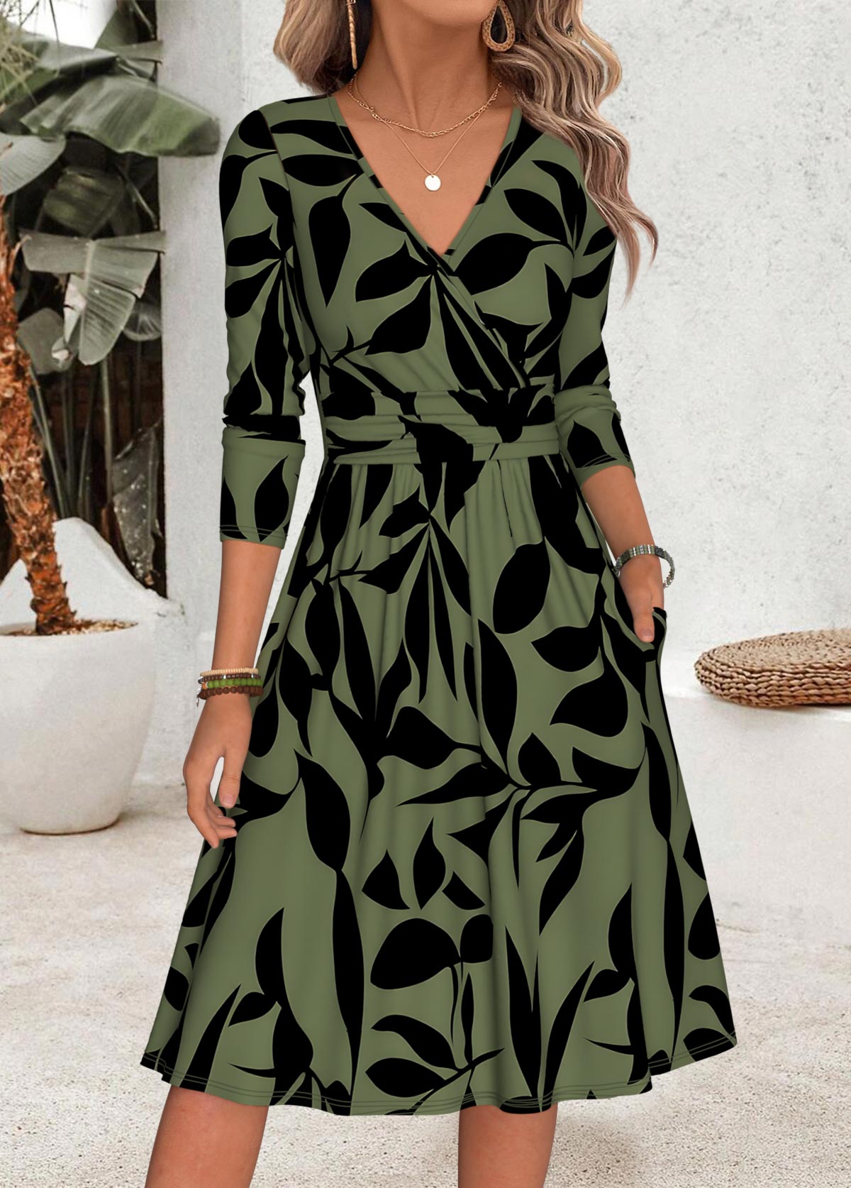 Modlily Sage Green Leaf Print Shirred Long Sleeve Dress - S