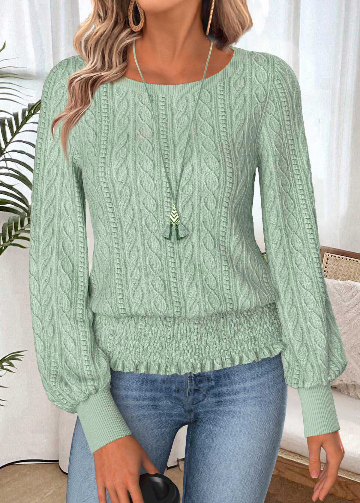 Modlily Sage Green Long Sleeve Boat Neck T Shirt - S