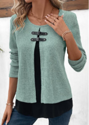 Modlily Sage Green Long Sleeve Fake Two Piece Twinset - 1X