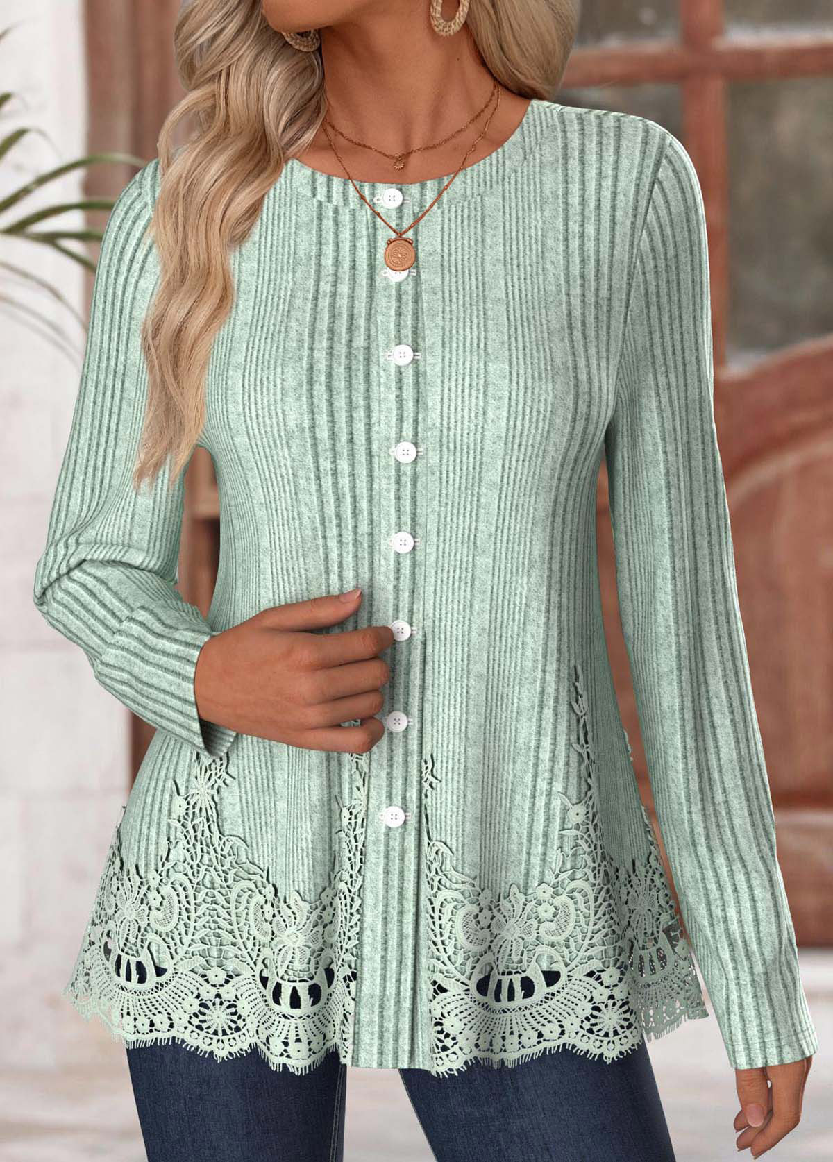 Modlily Sage Green Long Sleeve Round Neck T Shirt - XL