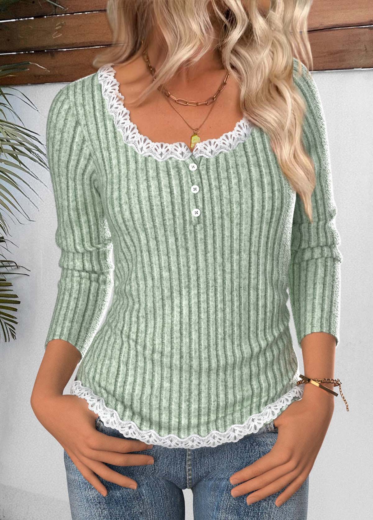 Modlily Sage Green Long Sleeve Scoop Neck T Shirt - L