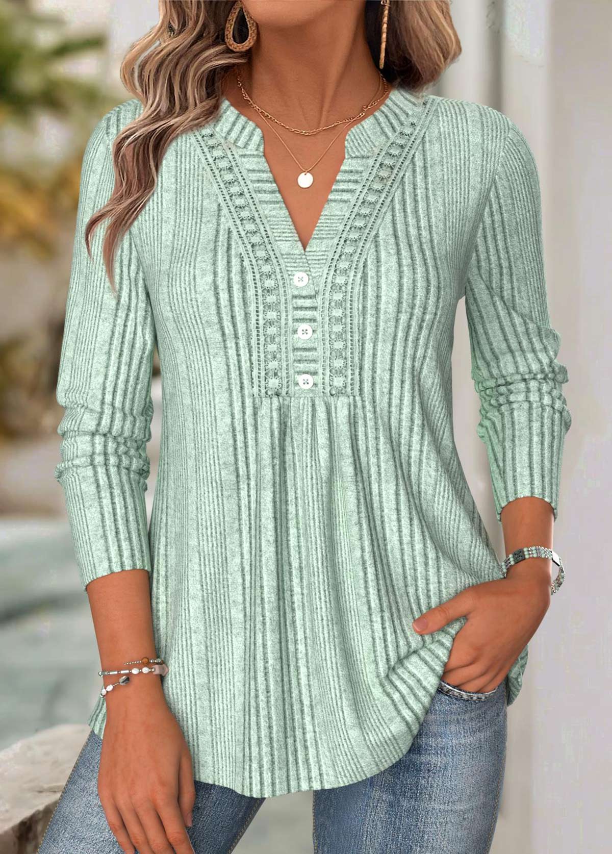 Modlily Sage Green Long Sleeve Split Neck T Shirt - XXL
