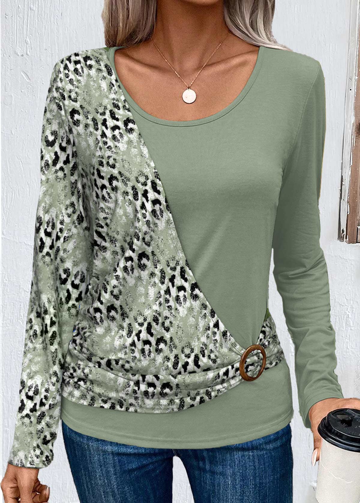 Modlily Sage Green Patchwork Leopard Long Sleeve T Shirt - S