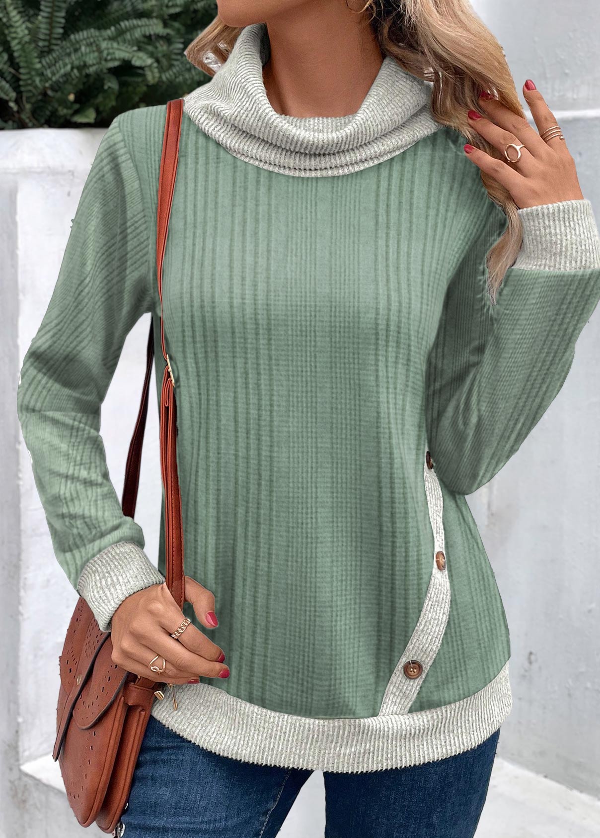 Modlily Sage Green Patchwork Long Sleeve Cowl Neck Sweatshirt - L