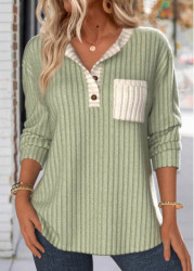 Modlily Sage Green Patchwork Long Sleeve Split Neck Sweatshirt - S