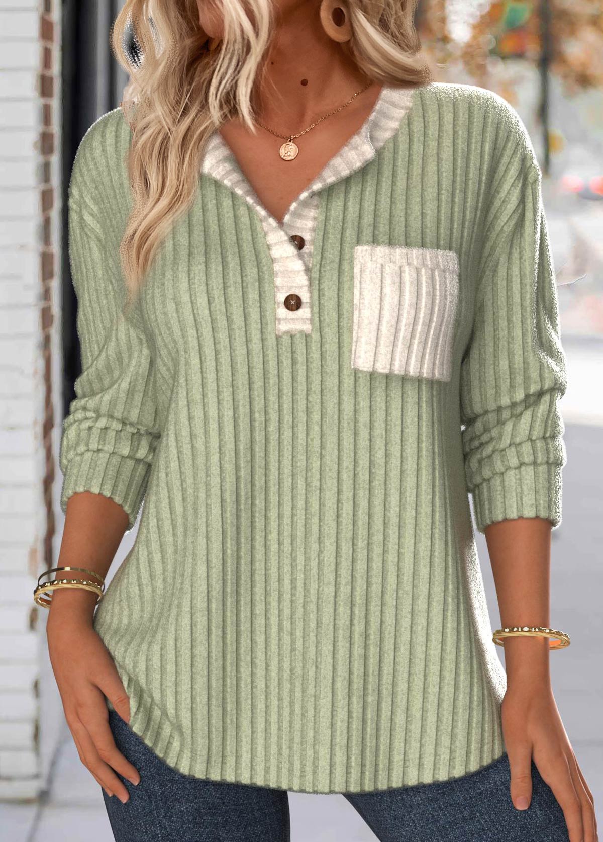 Modlily Sage Green Patchwork Long Sleeve Split Neck Sweatshirt - S