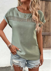 Modlily Sage Green Patchwork Short Sleeve Boat Neck Blouse - M