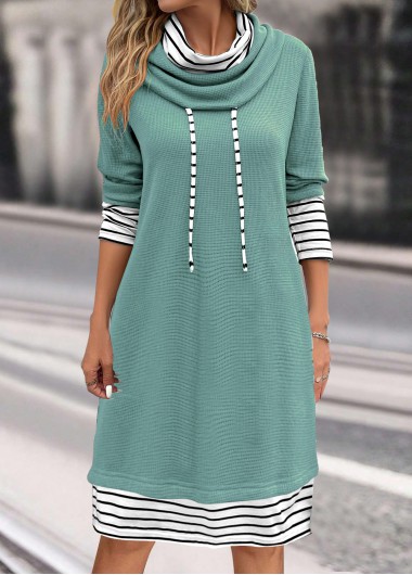 Modlily Sage Green Patchwork Striped Long Sleeve Shift Dress - XL