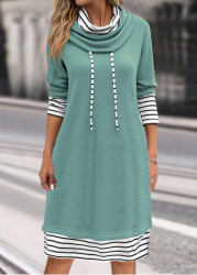 Modlily Sage Green Patchwork Striped Long Sleeve Shift Dress - XL